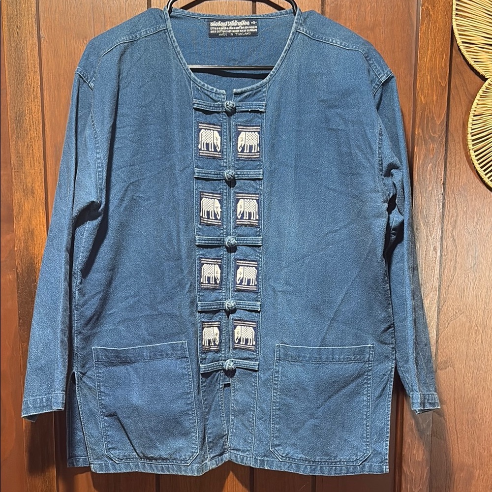 Blue Denim Jacket with Elephant Accents
